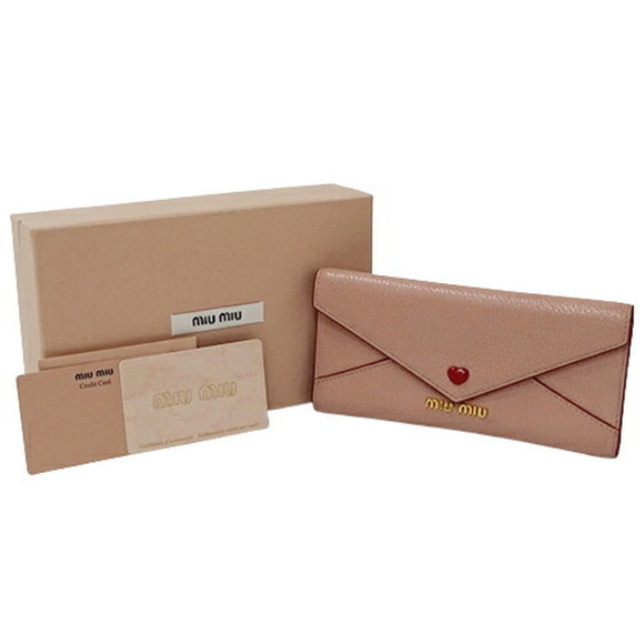 Miu MIUMIU Wallet Women's Long Leather Madras Love Pink 5MH013 Letter Heart - Picture 6 of 12